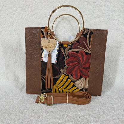 Handcrafted Mexican Brown Tooled Leather Handbag with Chiapas Loom Detail & Gold-Tone Ring Handles