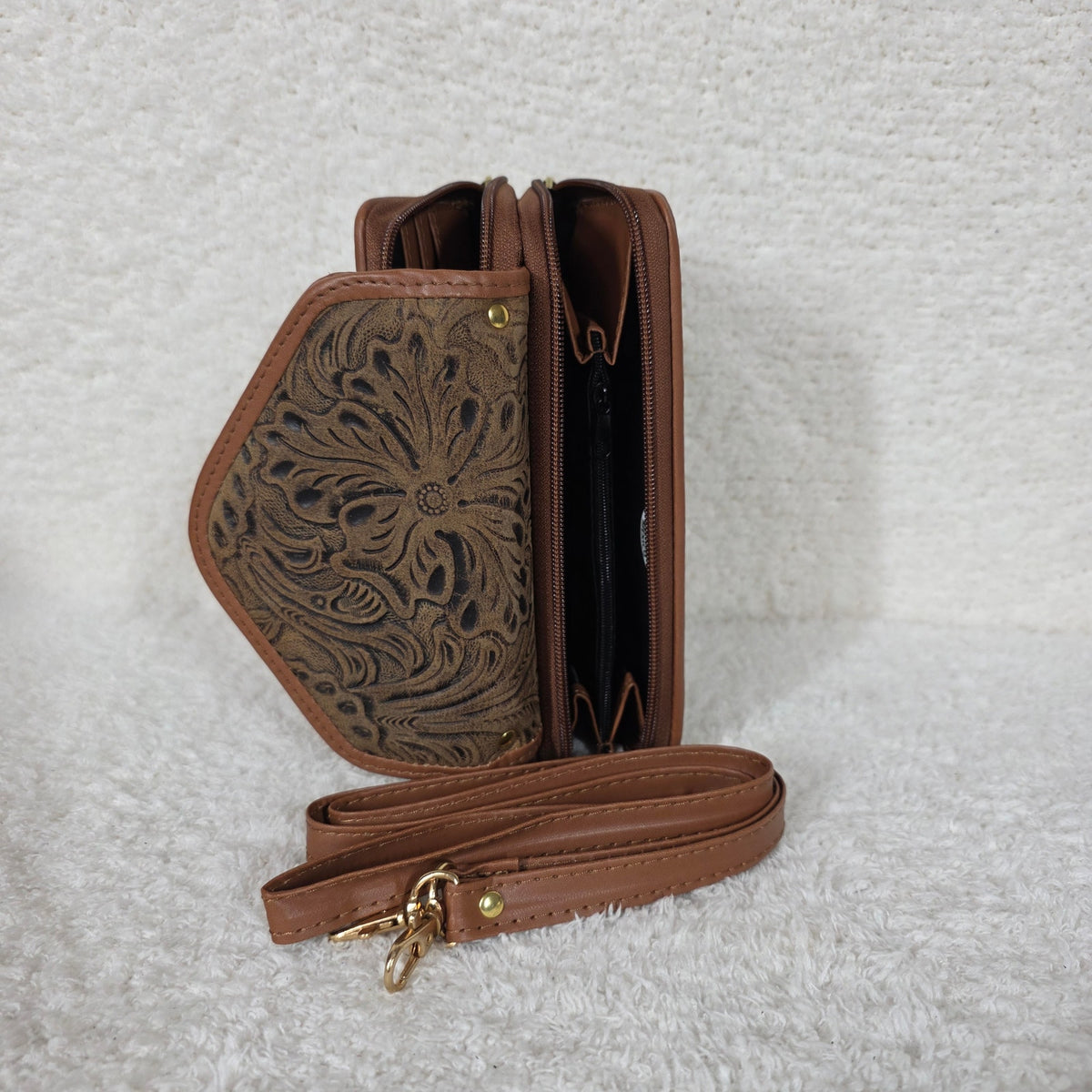 Distressed Brown Floral Embossed Leather Convertible Wallet Crossbody with Brown Trim