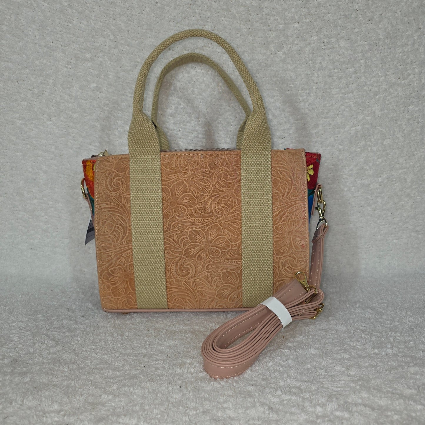 Handcrafted Mexican Light Coral Tooled Leather Handbag with Chiapas Loom Embroidered Side Panels