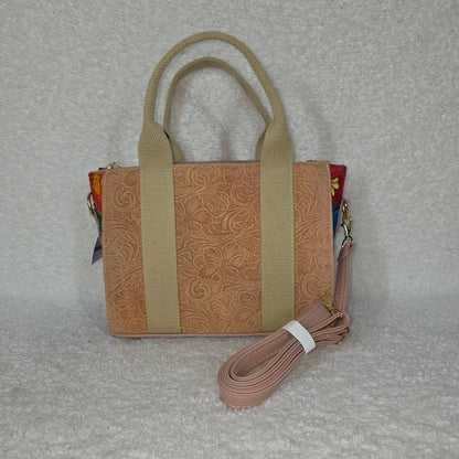 Handcrafted Mexican Blush Tan Tooled Leather & Chiapas Loom Handbag with Light Coral Trim