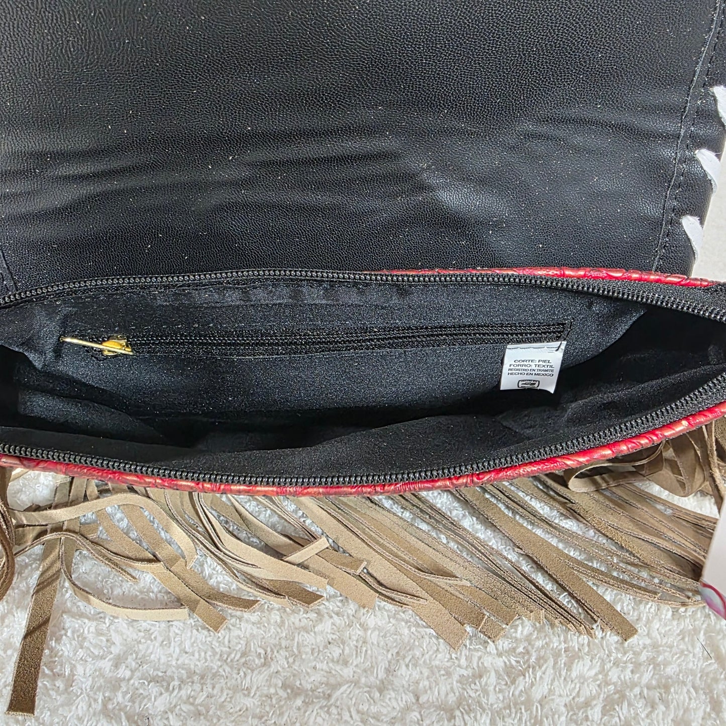 Mexican Terracotta Red Floral Embossed Leather & Patchwork Cowhide Fringe Crossbody Bag