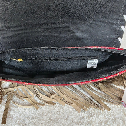 Mexican Terracotta Red Floral Embossed Leather & Patchwork Cowhide Fringe Crossbody Bag