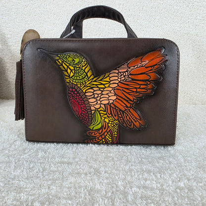Chocolate Brown Colorful Colibrí Embossed & Hand Painted Mexican Vegan Leather Crossbody Bag
