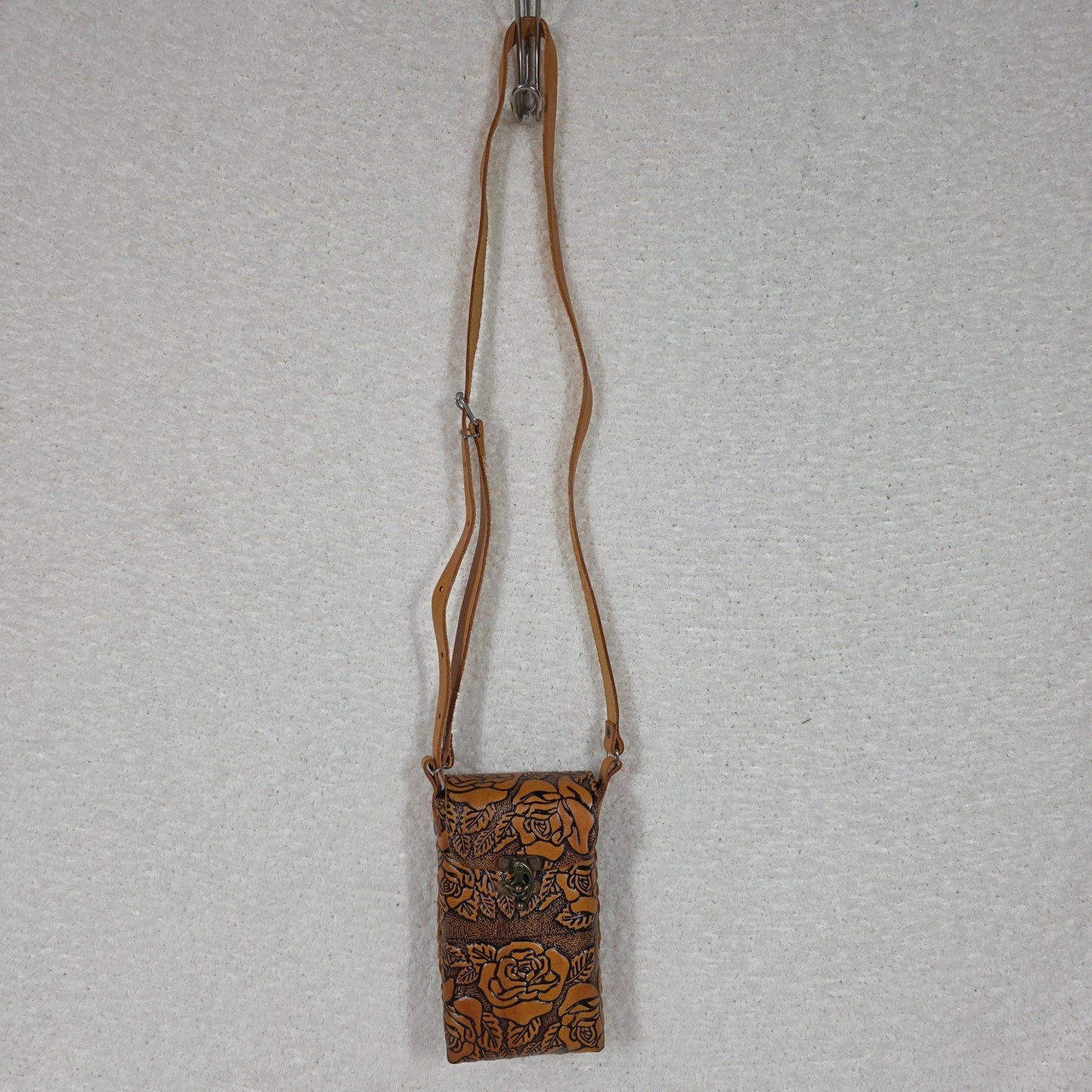 Honey Brown Roses Embossed Leather Cell Phone Bag - Handcrafted in Mexico