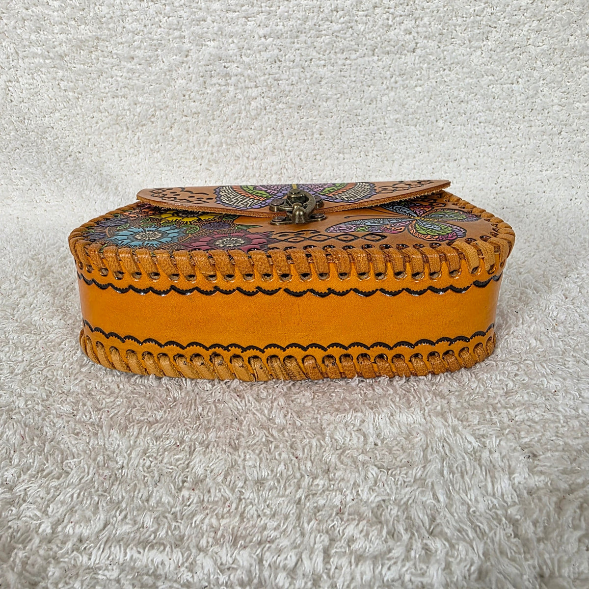 Mexican Hand-Tooled Leather Flowers & Butterflies Honey Brown Crossbody Bag