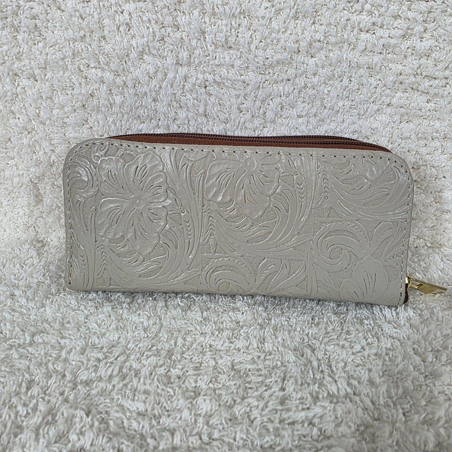 Stone Gray Floral Embossed Leather Double Zip Wallet