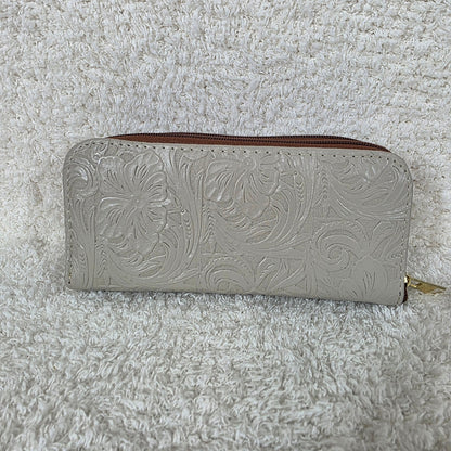 Stone Gray Floral Embossed Leather Double Zip Wallet — Handmade in León, Guanajuato, Mexico