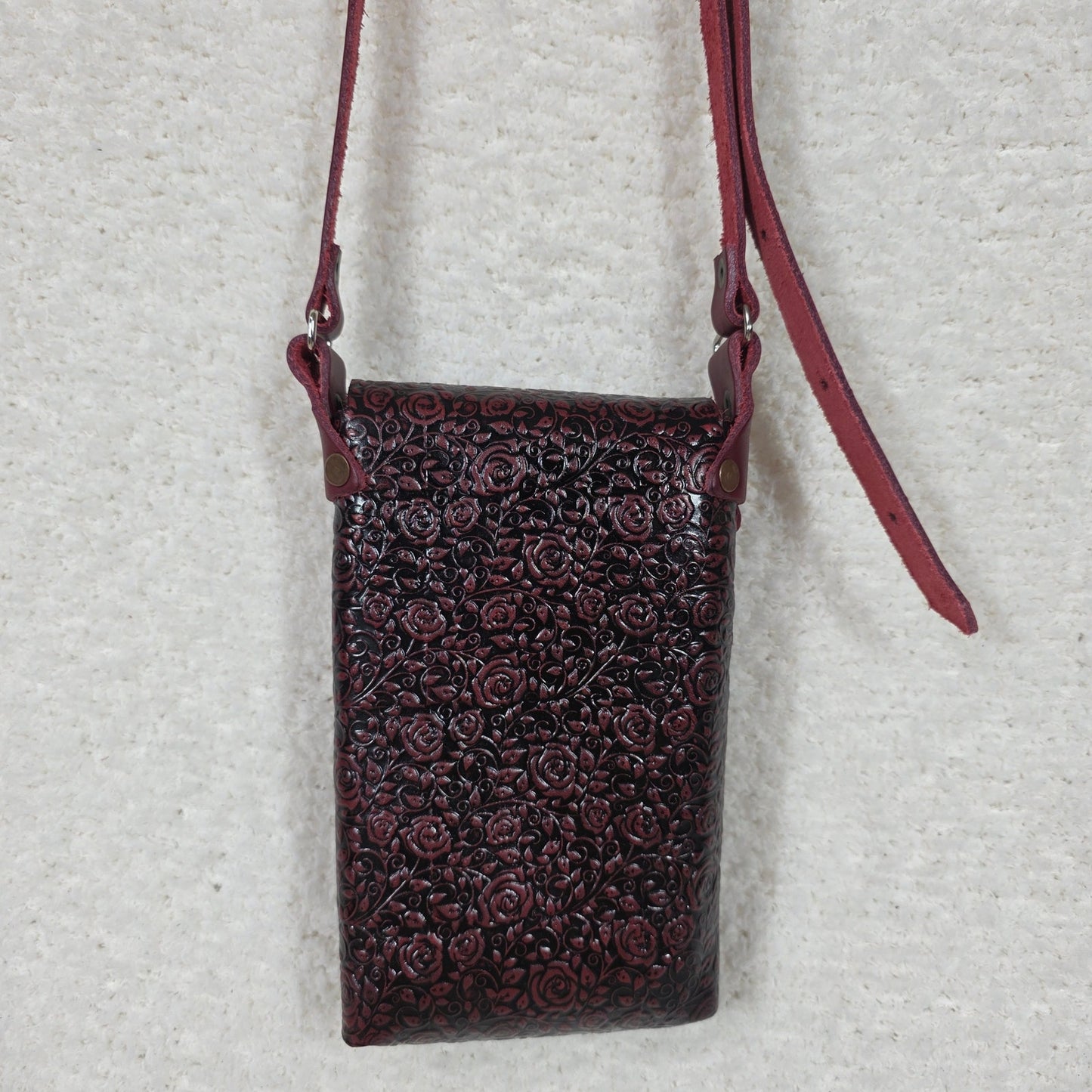 Red Roses Embossed Leather Cell Phone Bag - Handcrafted in Mexico