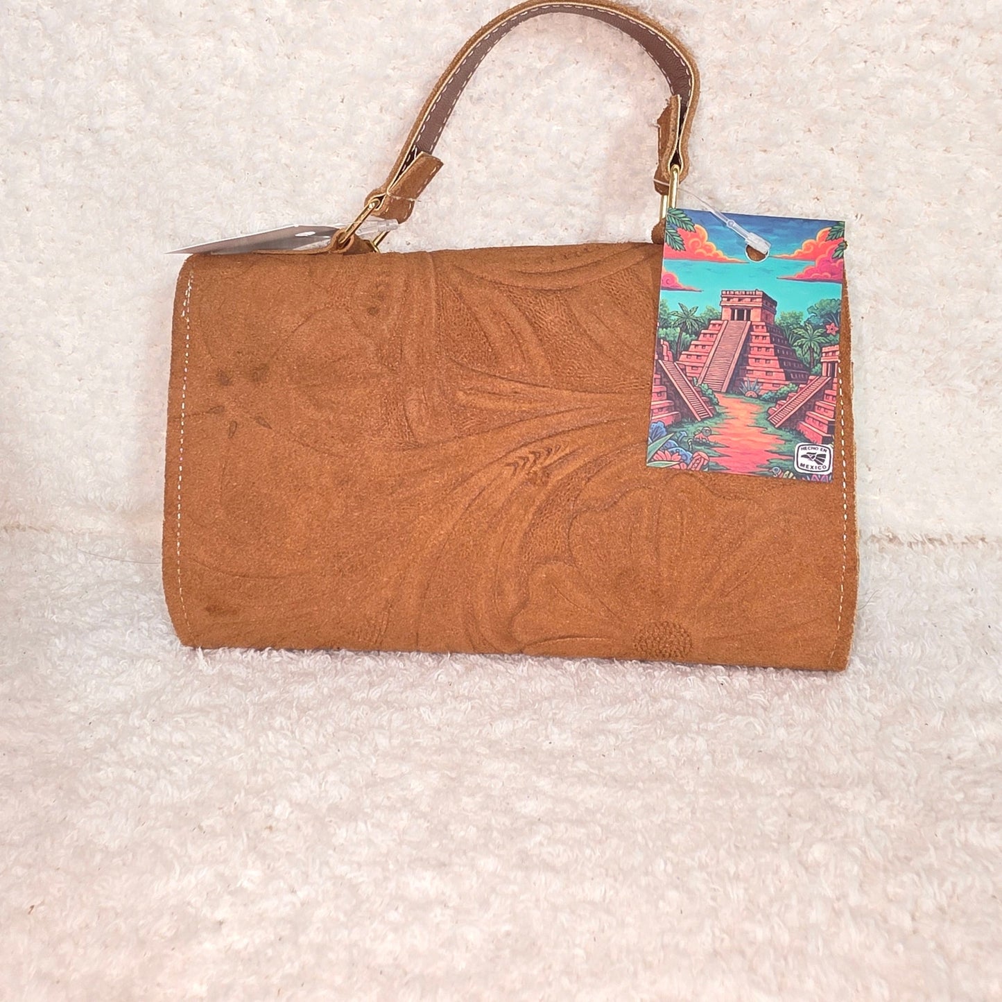 Handcrafted Embossed Floral Design Golden Brown Suede Leather Crossbody Bag