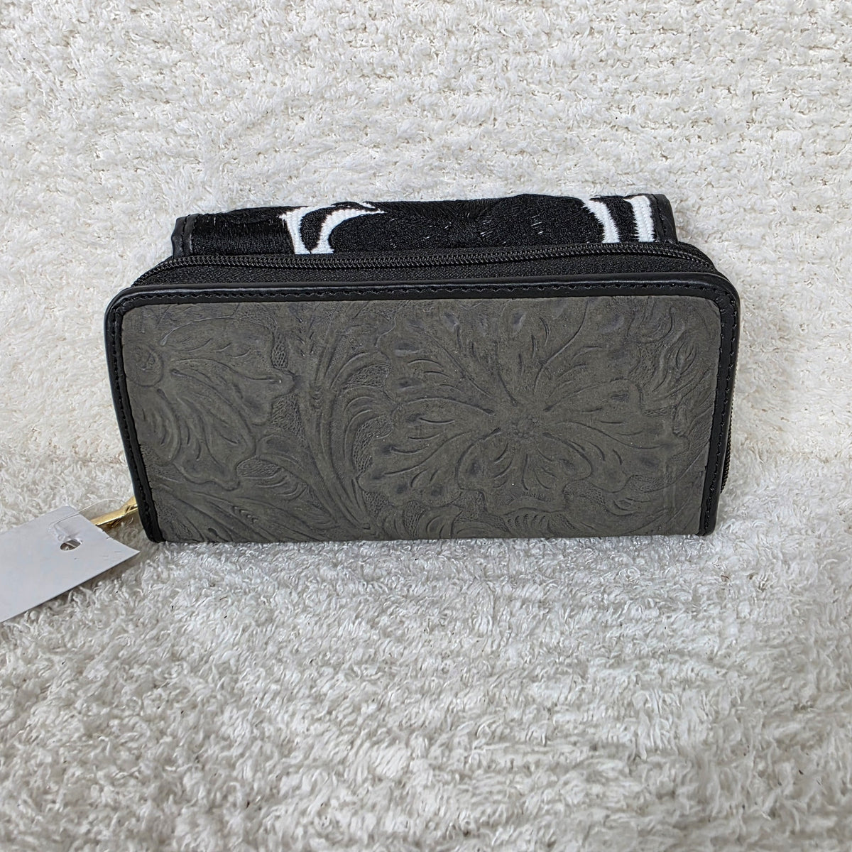 Dark Gray Chiapas Loom & Floral Embossed Leather Convertible Wallet Crossbody with Black Trim