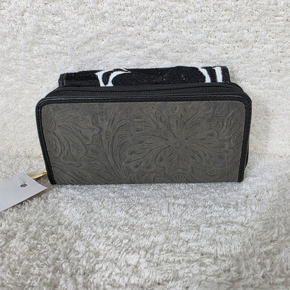 Dark Gray Chiapas Loom & Floral Embossed Leather Convertible Wallet Crossbody with Black Trim
