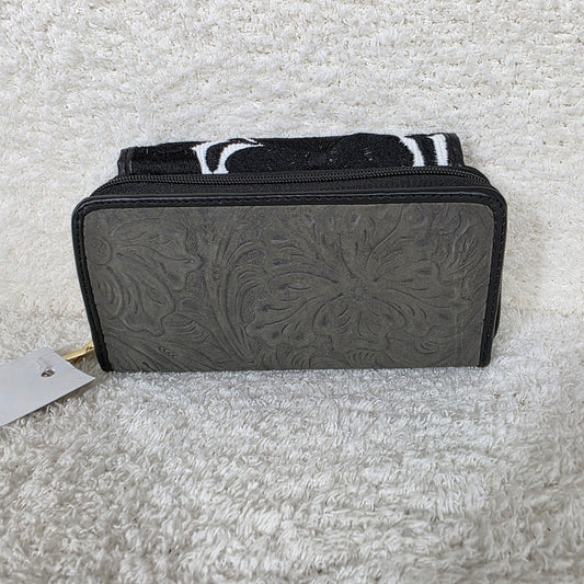 Dark Gray Chiapas Loom & Floral Embossed Leather Convertible Wallet Crossbody with Black Trim