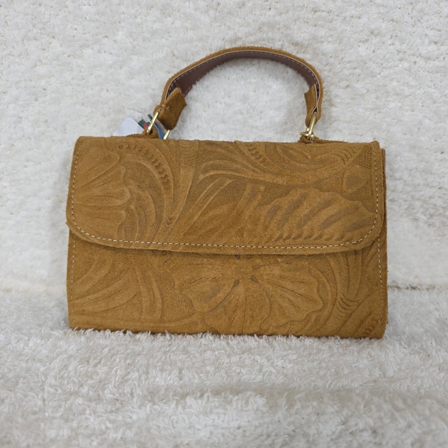 Handcrafted Embossed Floral Design Mustard Yellow Suede Leather Crossbody Bag