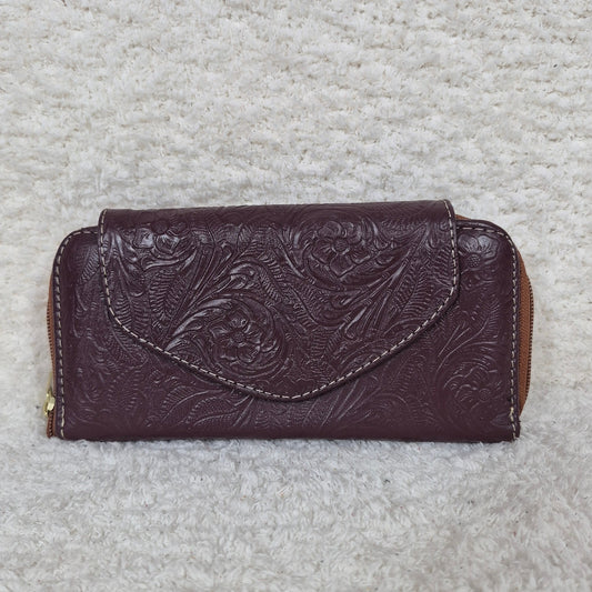 Burgundy Floral Embossed Leather Flap Closure Wallet — Handmade in León, Guanajuato, Mexico
