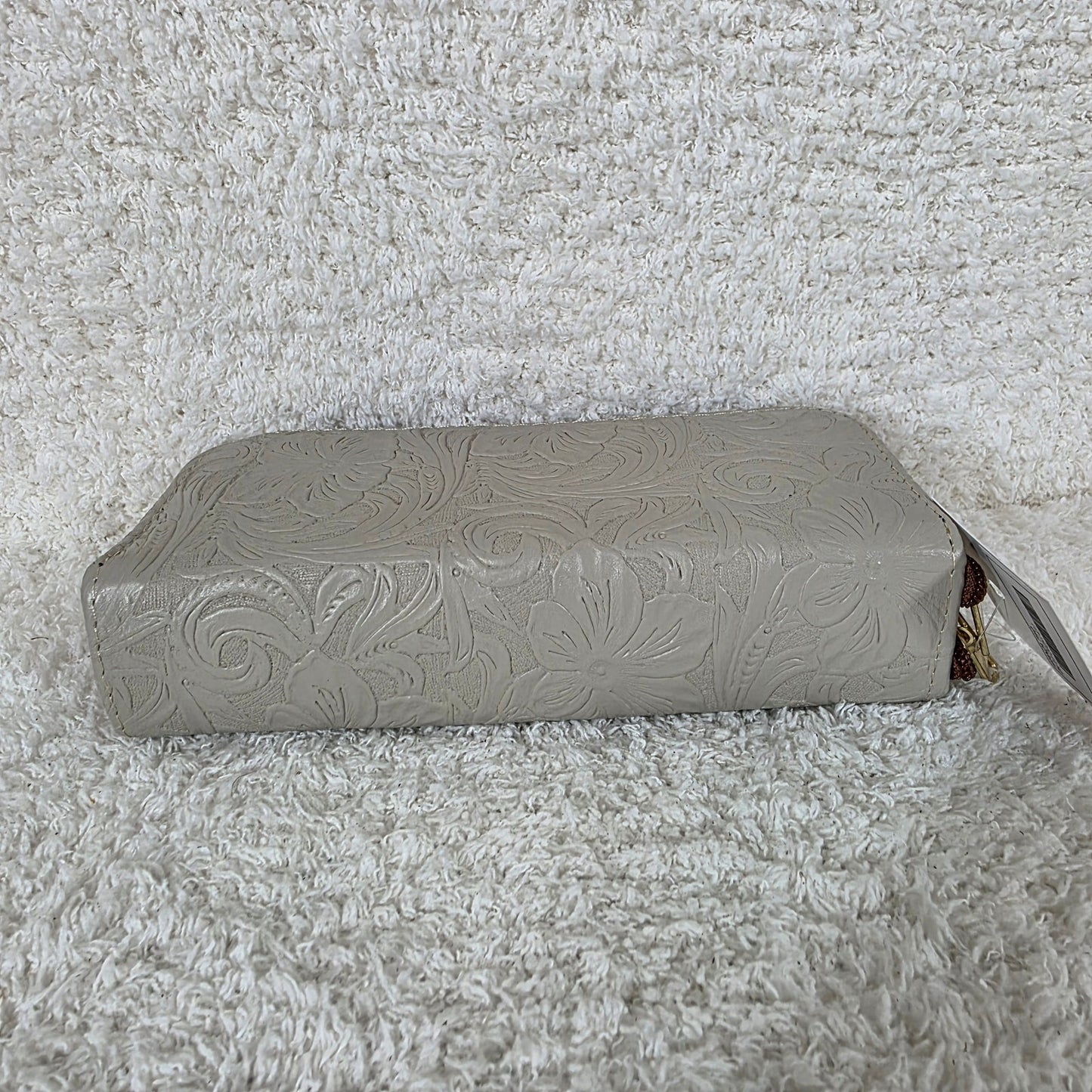 Stone Gray Floral Embossed Leather Double Zip Wallet