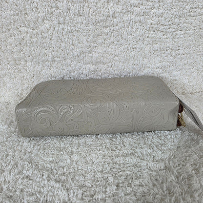 Stone Gray Floral Embossed Leather Double Zip Wallet