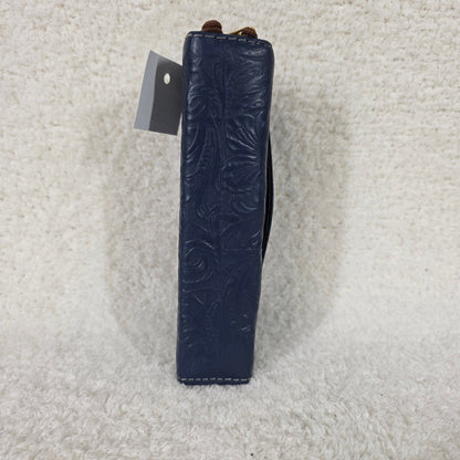 Navy Blue Floral Embossed Leather Flap Closure Wallet