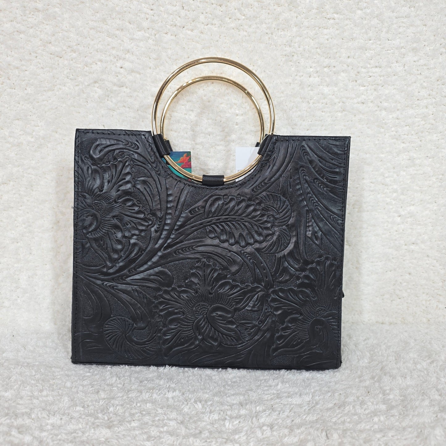 Handcrafted Mexican Black Tooled Leather Handbag with Gold-Tone Ring Handles