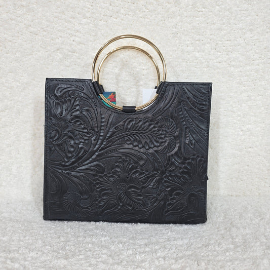 Handcrafted Mexican Black Tooled Leather Handbag with Gold-Tone Ring Handles