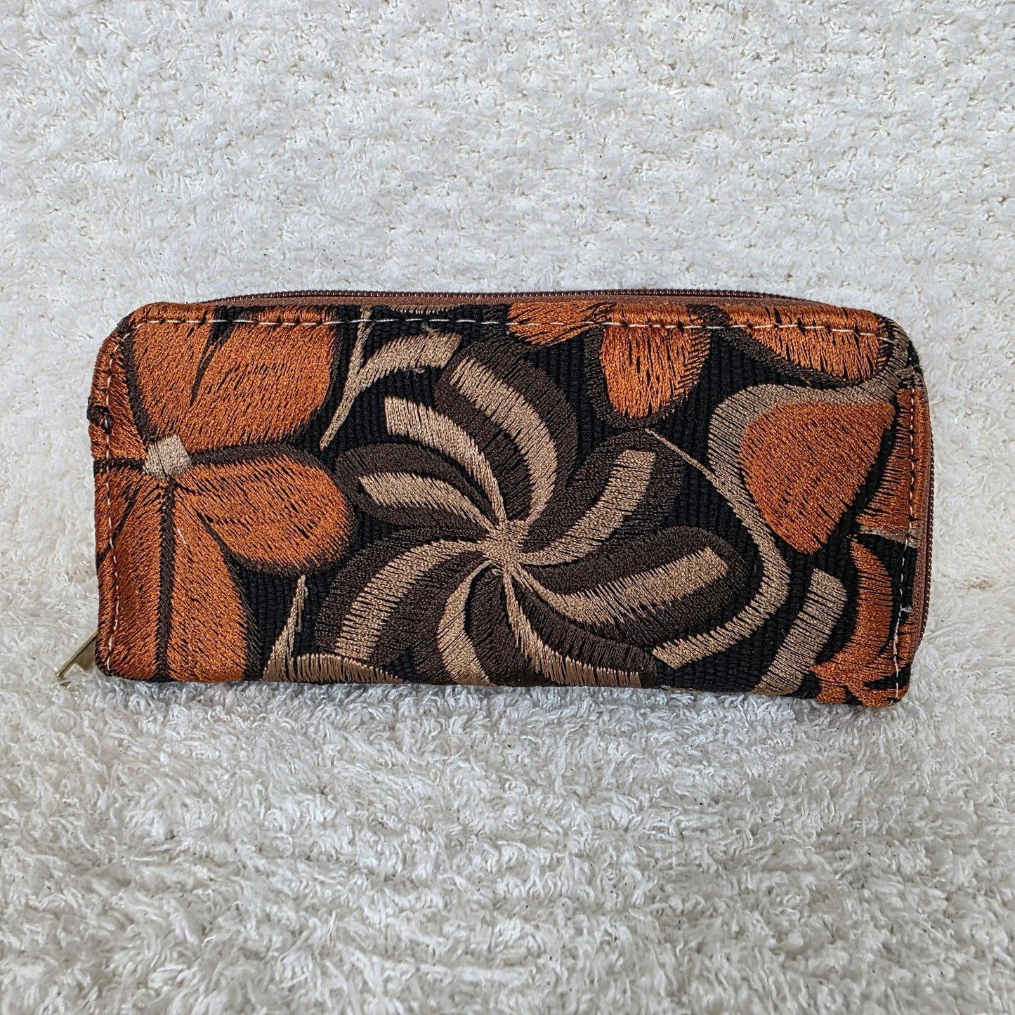 Mocha Floral Embossed & Chiapas Loom Leather Double Zip Wallet