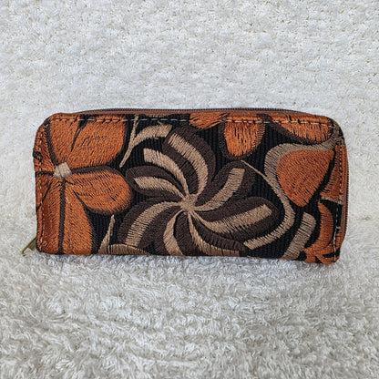 Mocha Floral Embossed & Chiapas Loom Genuine Leather Double Zip Wallet — Handmade in León