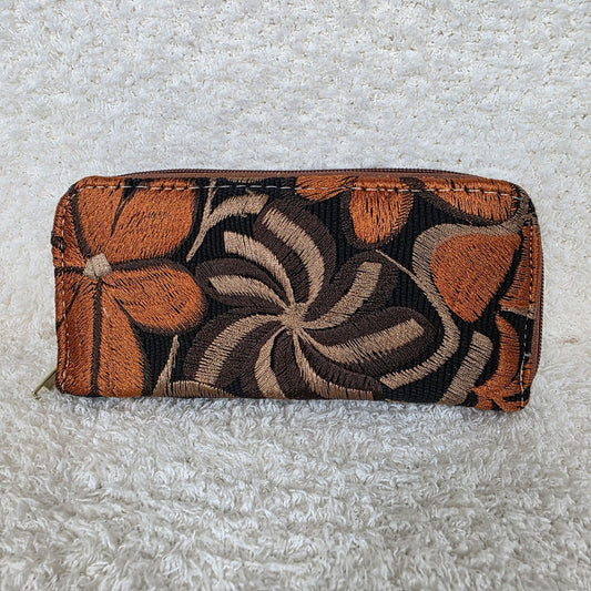 Mocha Floral Embossed & Chiapas Loom Genuine Leather Double Zip Wallet — Handmade in León