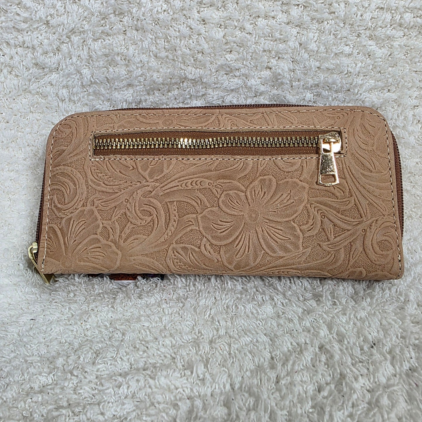 Beige Floral Embossed Leather Bifold Wallet with Zip Compartments & Mirror