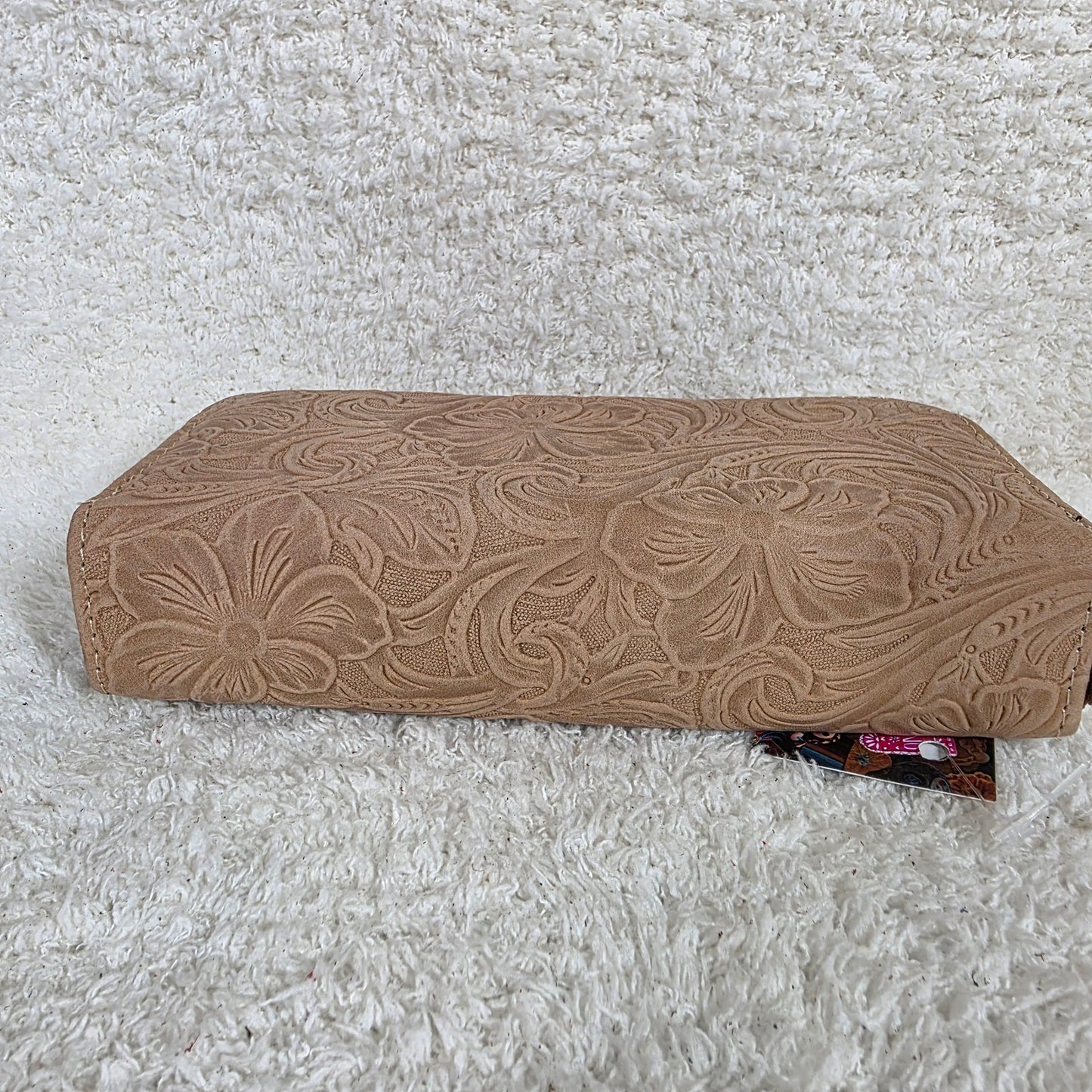 Beige Floral Embossed Leather Bifold Wallet with Zip Compartments & Mirror