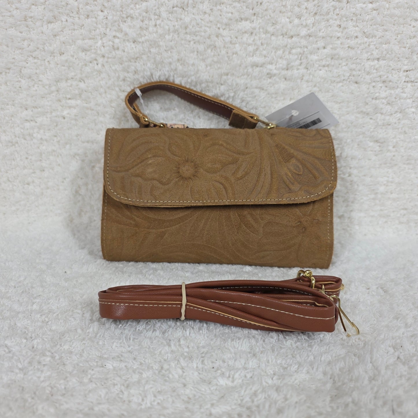Handcrafted Embossed Floral Design Saddle Brown Suede Leather Crossbody Bag
