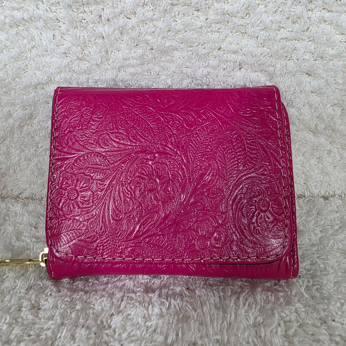 Vibrant Pink Floral Embossed Leather Trifold Wallet with Back Zip — Handmade in León, Guanajuato
