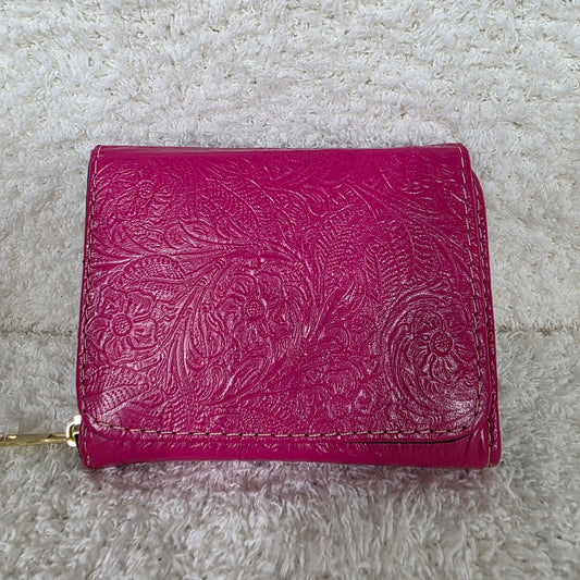 Vibrant Pink Floral Embossed Leather Trifold Wallet with Back Zip Compartment