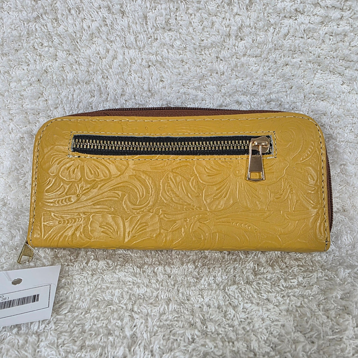 Yellow Floral Embossed Leather Double Zip Wallet