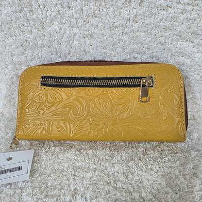 Yellow Floral Embossed Leather Double Zip Wallet