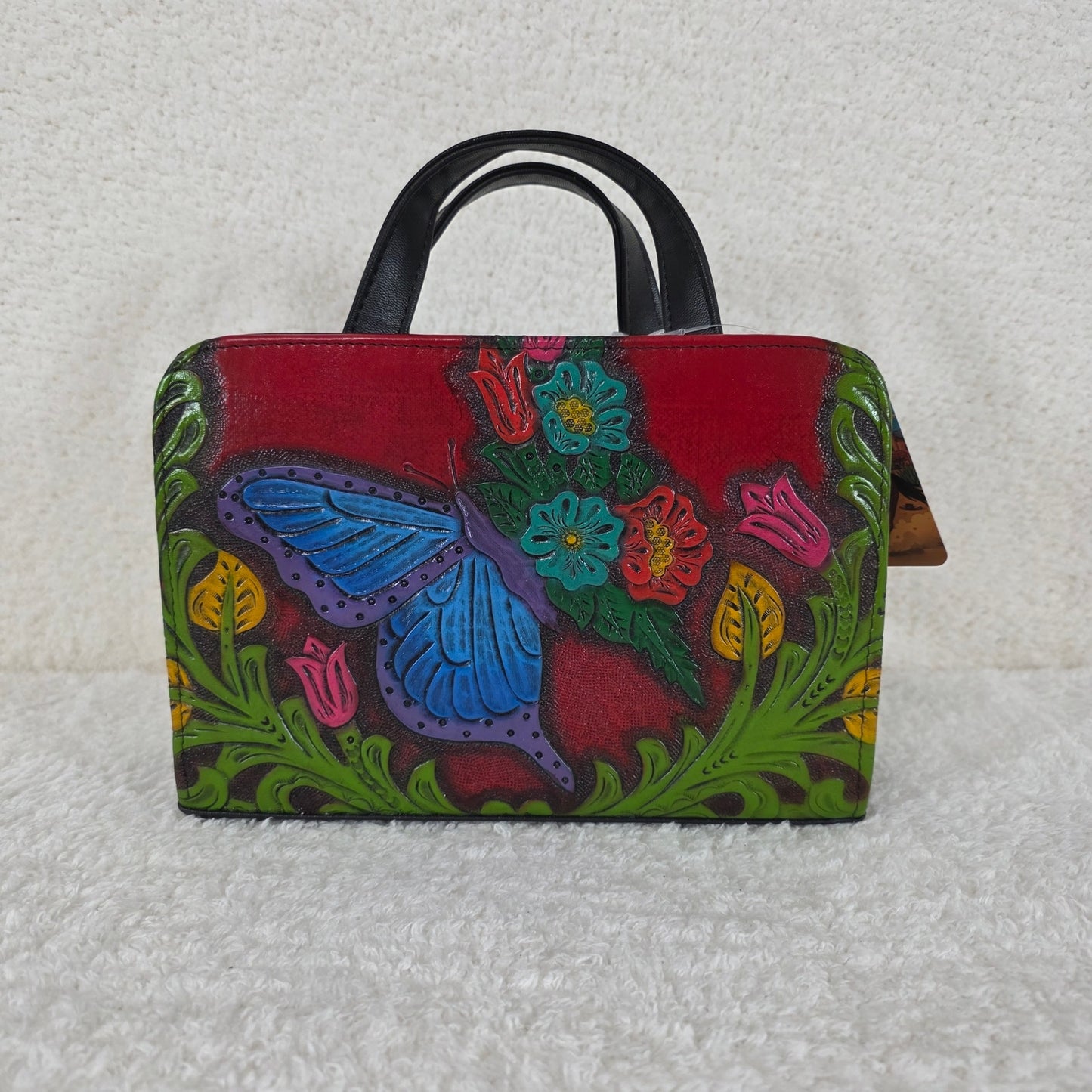 Red & Black Butterfly Floral Embossed & Hand Painted Mexican Vegan Leather Crossbody Handbag