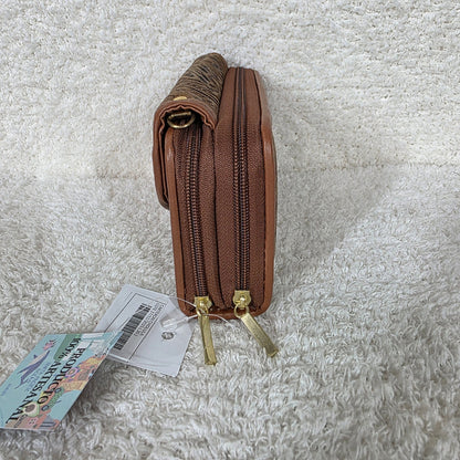 Distressed Brown Floral Embossed Leather Convertible Wallet Crossbody with Brown Trim