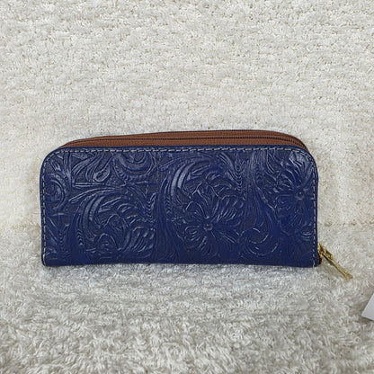 Blue Floral Embossed Genuine Leather Double Zip Wallet — Handmade in León, Guanajuato