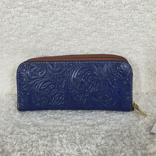 Blue Floral Embossed Leather Double Zip Wallet