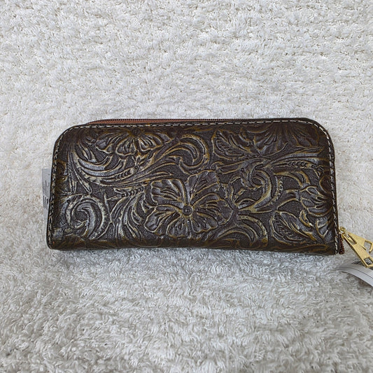 Brown Gold Finish Floral Embossed Leather Double Zip Wallet — Handmade in León, Guanajuato
