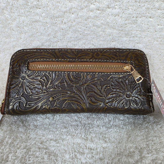 Brown with Gold Finish Floral Embossed Leather Double Zip Wallet