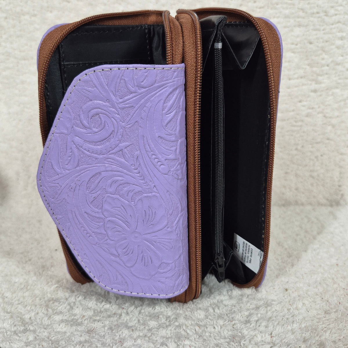 Lilac Floral Embossed Leather Double Zip Wallet with Flap | Handmade in Mexico