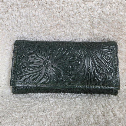Forest Green Floral Embossed Genuine Leather Tri-fold Wallet — Handmade in León, Guanajuato