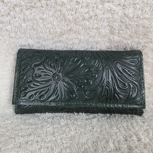 Forest Green Floral Embossed Genuine Leather Tri-fold Wallet — Handmade in León, Guanajuato