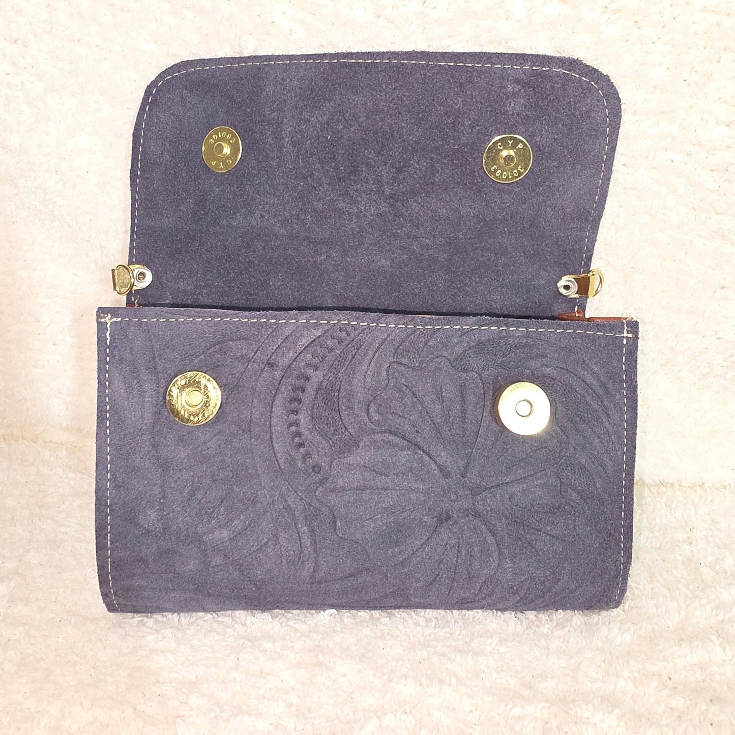 Artisan Handcrafted Embossed Floral Design Gray Suede Crossbody Bag