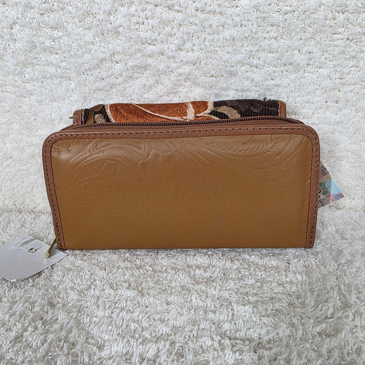 Brown Chiapas Loom & Floral Embossed Leather Convertible Wallet Crossbody with Brown Trim