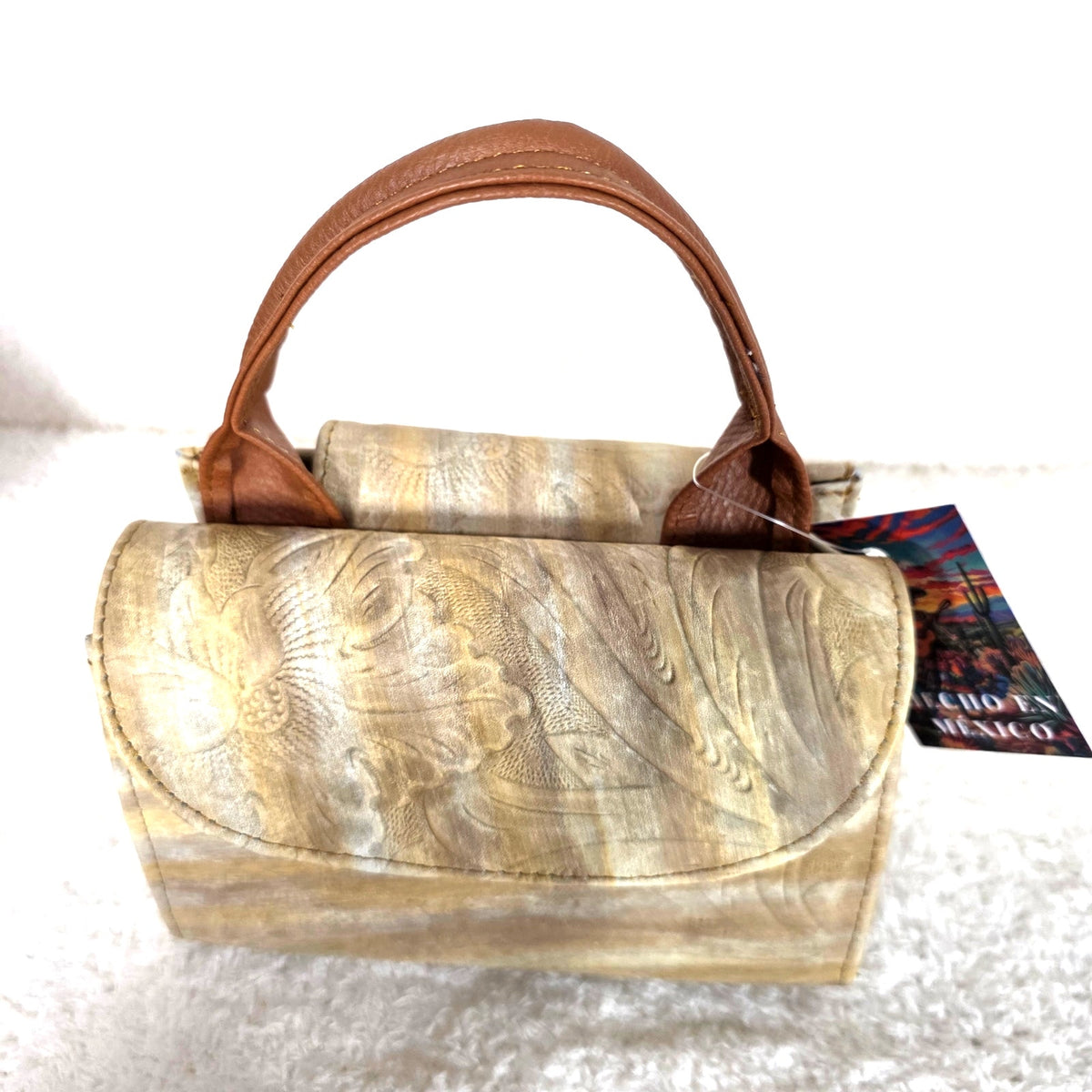 Cream Floral Embossed Leather Mini Bag with Detachable Strap