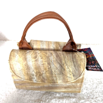 Cream Floral Embossed Leather Mini Bag with Detachable Strap
