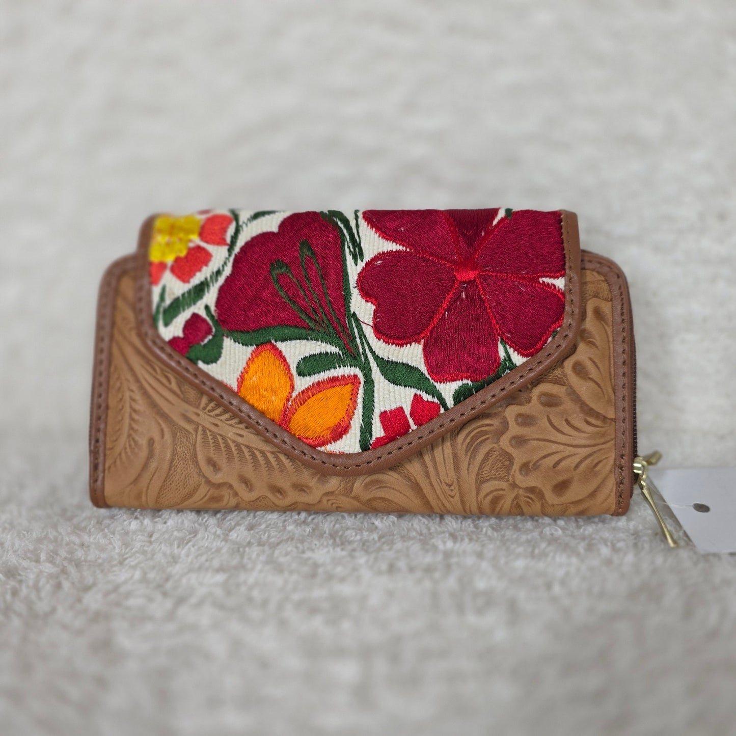 Tan Chiapas Loom & Floral Embossed Leather Convertible Wallet Crossbody with Brown Trim