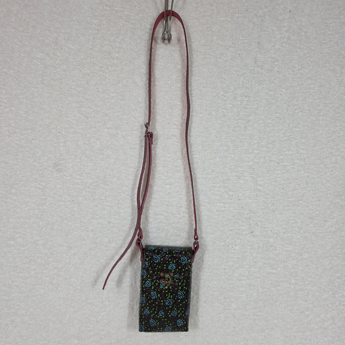 Red Hand Painted Roses Embossed Leather Cell Phone Bag - Handcrafted in Mexico
