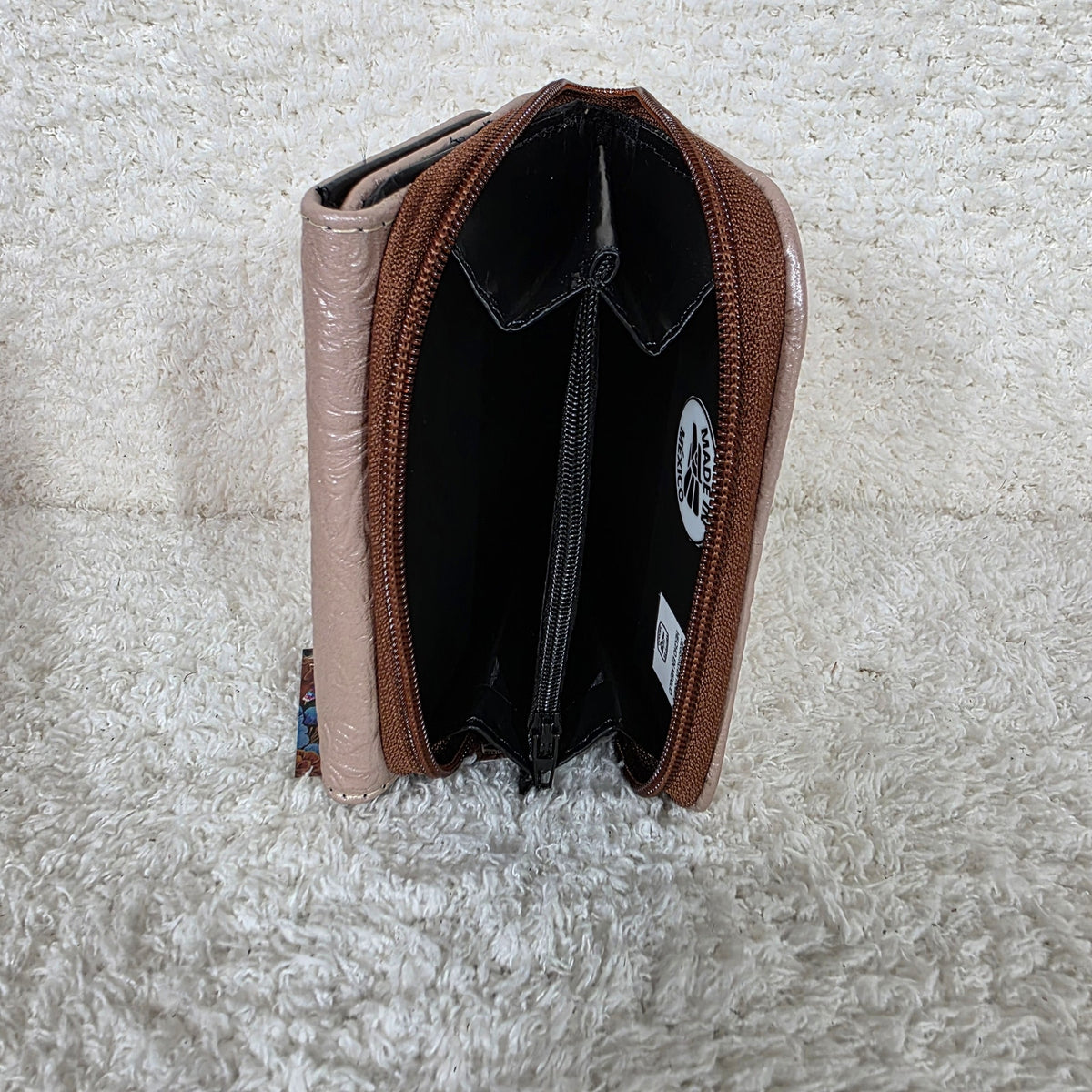 Light Pink Floral Embossed Leather Trifold Wallet with Back Zip Compartment