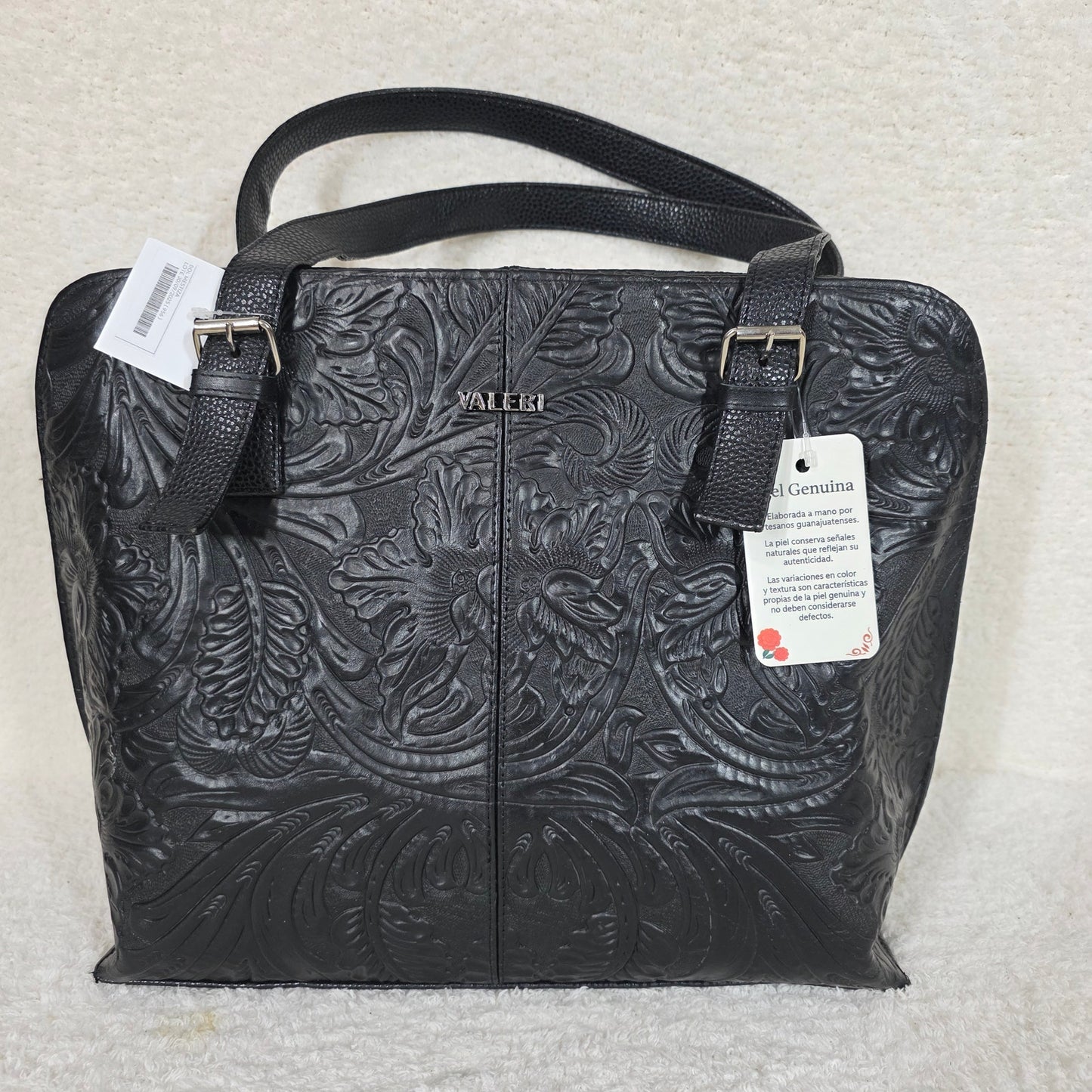 Handcrafted Mexican Black Floral Embossed Leather Tote Bag